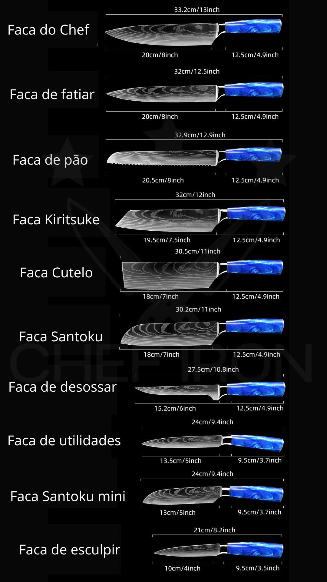 Faca azul medidas